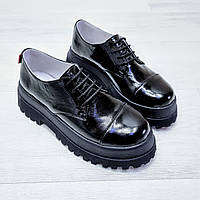 Модные женские туфли броги осень-весна на стильной платформе натуральные напплак черные р.36-40