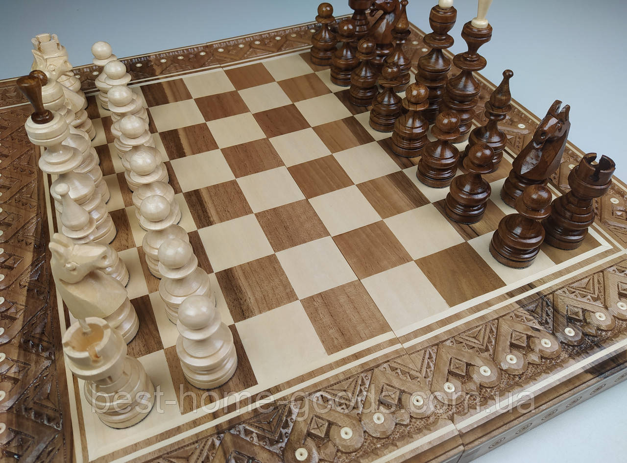 Шахматы деревянные резные ручной работы набор 3 в 1 шахматы, шашки, нарды. - фото 1 - id-p968645094