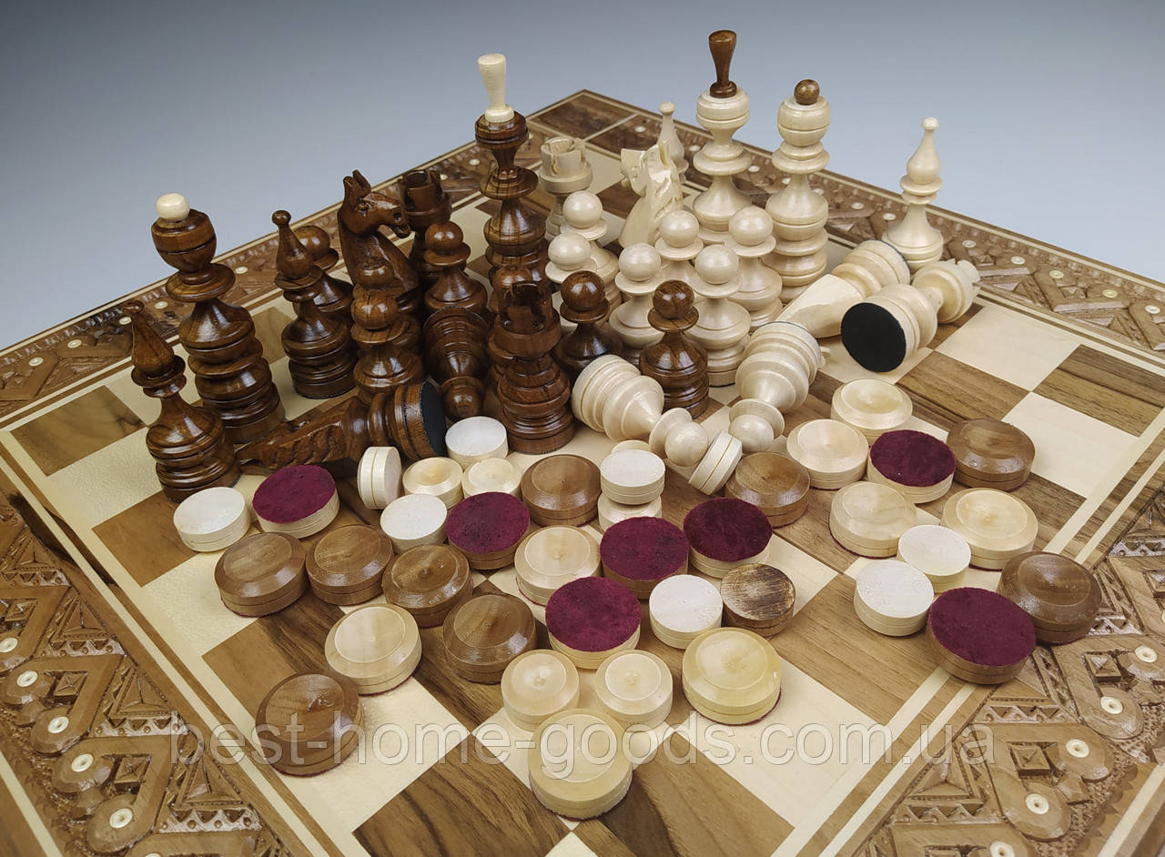 Шахматы деревянные резные ручной работы набор 3 в 1 шахматы, шашки, нарды. - фото 3 - id-p968645094