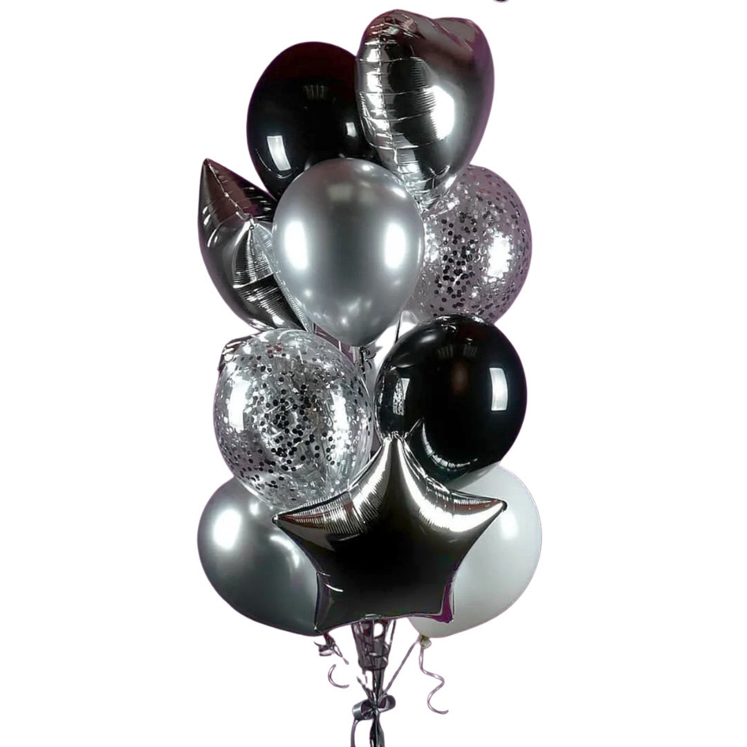 Чоловічі кульки на день народження в чорно-сріблястому кольорі