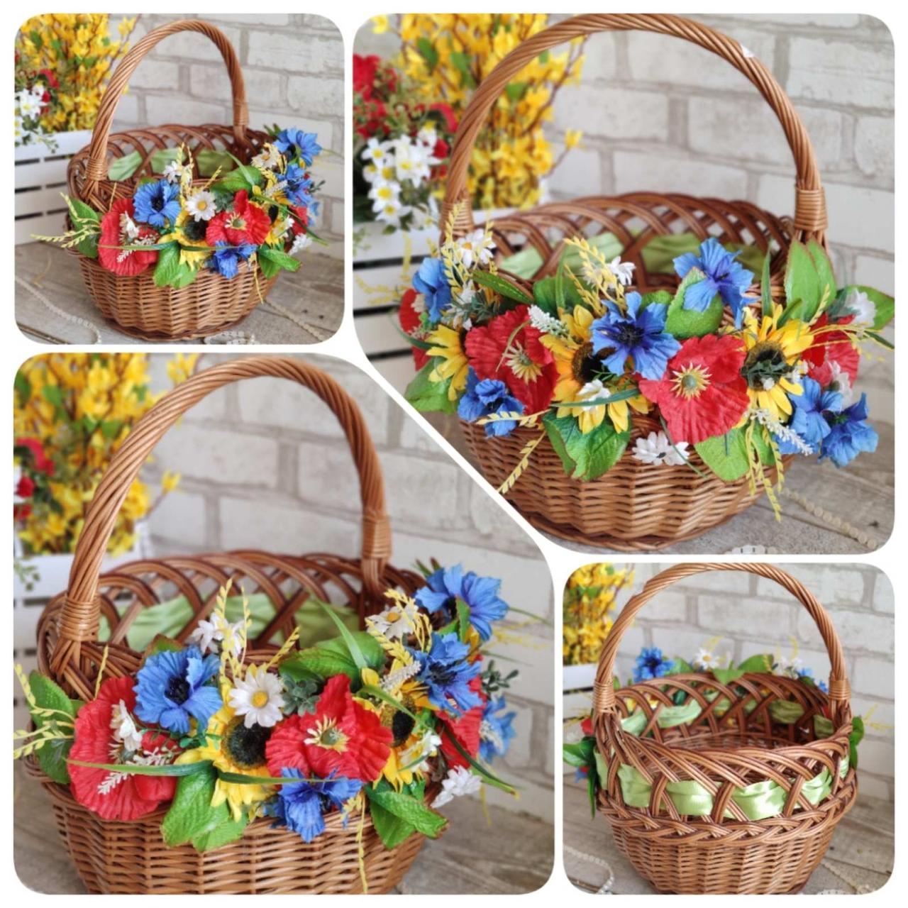 Великодній кошик з польовими квітами , Н з ручкою 39 см, пасхальний декор., фото 1