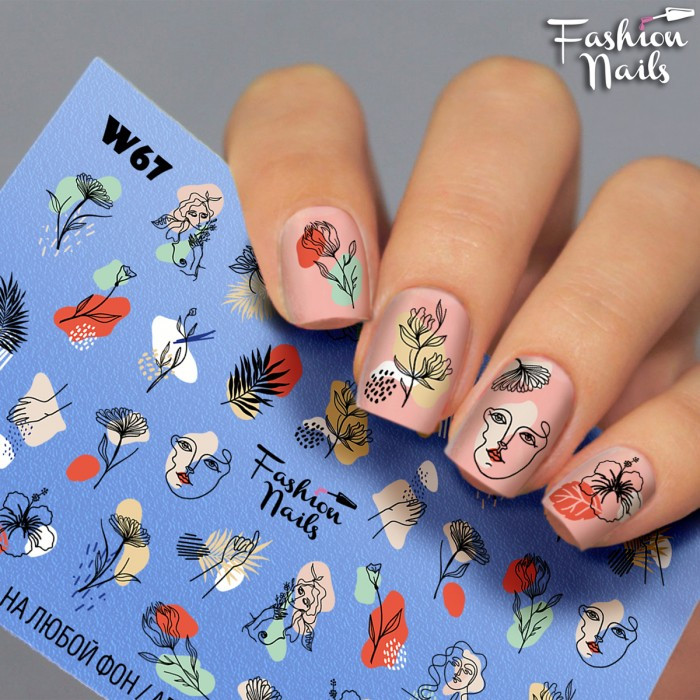 Слайдер дизайн Особи Листочки Квіти Fashion Nails для манікюру Водні наклейки Слайдери для нігтів особи