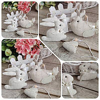 Пасхальный набор игрушек "Кролик, курочка, сердечко" лен , Н-9-10 см, на венок , декор на Пасху