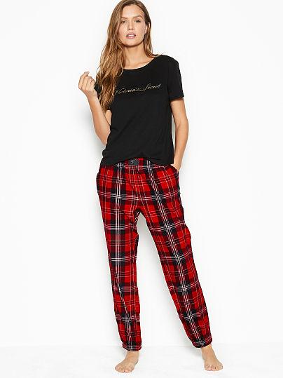 Фланелева Піжама Victoria's Secret Cotton & Flannel Long PJ Set, Чорна / Червона в клітку, фото 1