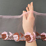 Ажуре мереживо вишивка на сітці: рожева та коричнева нитка по рожевій сітці, ширина 14 см, фото 2