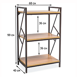 Стелаж на 3 полки в кольорі дуб Signal Tablo R3 99х40х60 см з темно-коричневим каркасом для офісу в стилі лофт