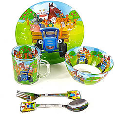 Дитячий набір скляного посуду для годування 5 предметів Синій Трактор Metr+