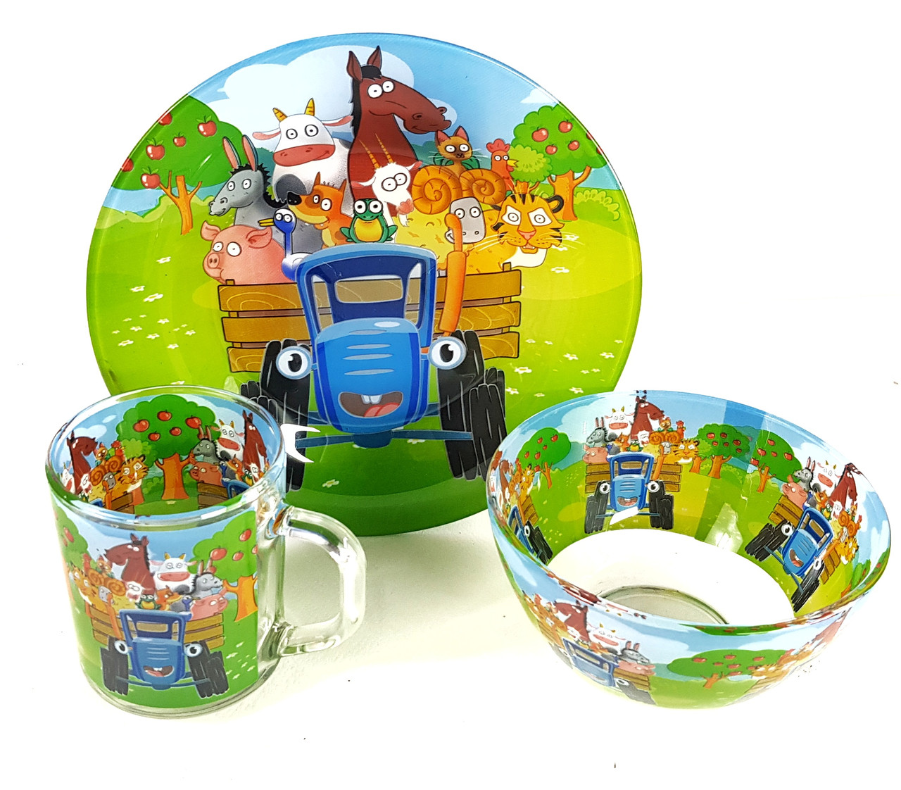 Дитячий набір скляного посуду для годування Синій Трактор 3 предмети Metr+
