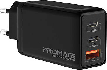 Мережевий зарядний пристрій Promate GaNPort3-65PD 65 Вт, 2хUSB-C + USB-A Black (ganport3-65pd.black)