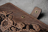 Шкіряний гаманець ручної роботи, якісний клатч-гаманець, темно-коричневий гаманець з авторським тисненням, фото 2