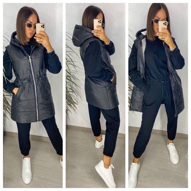 Жіночий комбінезон з двуніткі і подовжена дута безрукавка з капюшоном
