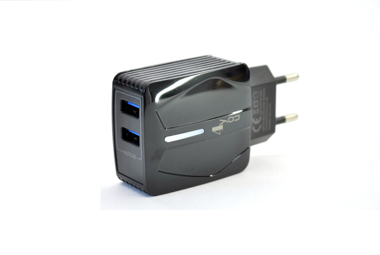 Зарядний пристрій USB 4you A24 (2.4A, Smart IC, Auto ID, покращена плата, 2USB, Led підсвічування)