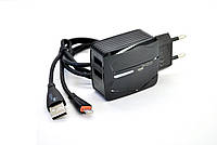 Сетевое зарядное устройство USB 4you A24 (2.4A,Smart IC,Auto ID,улучшенная плата,2USB,Led) black+ Lightning