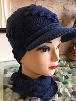 Жіноча шапка в'язана з козирком, бавовна, ТМ Fonem, Туреччина, розмір 56-58, джинсовий колір!