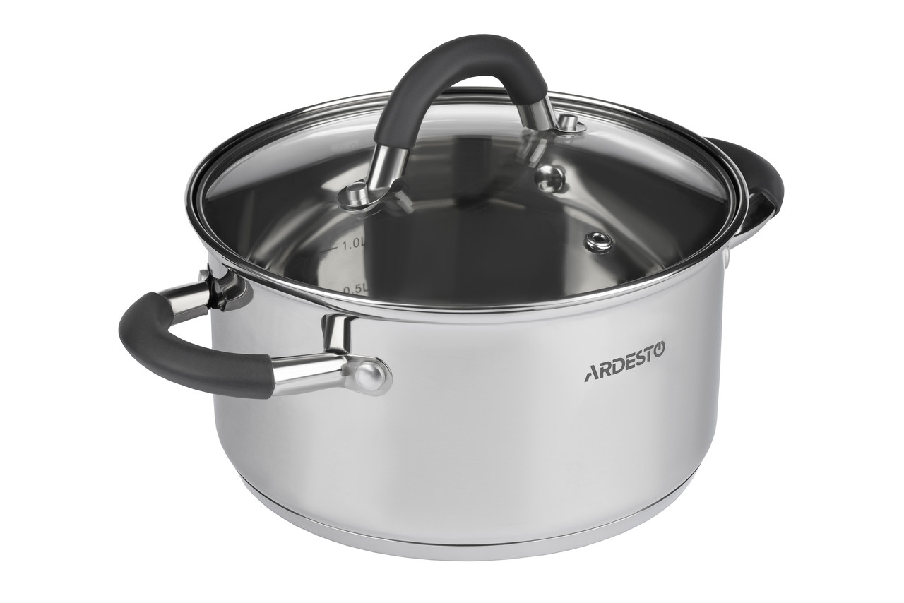 Ardesto Каструля Gemini Grey, скляна кришка, 2.3 л, ручки з сірим силіконом, нержавіюча сталь