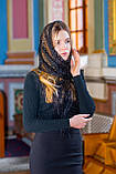 Ажурний шарф палантин жіночий церковний на голову з бахромою "Змійка" чорного кольору, фото 2