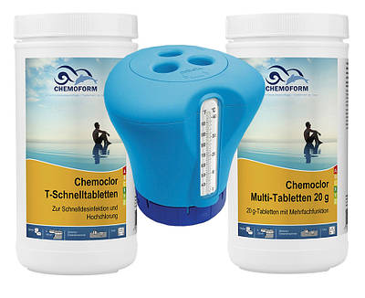 Готовий набір для догляду за водою в басейні до 10 м³, Chemoform «Міні +» (хлор-шок, мульти-таб, дозатор)