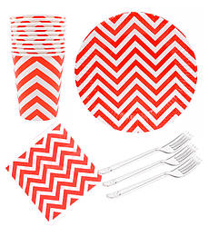 Набір паперового посуду "Червоний зігзаг" (10 тарілок, 10 виделок, 10 стаканчиків, 20 серветок)