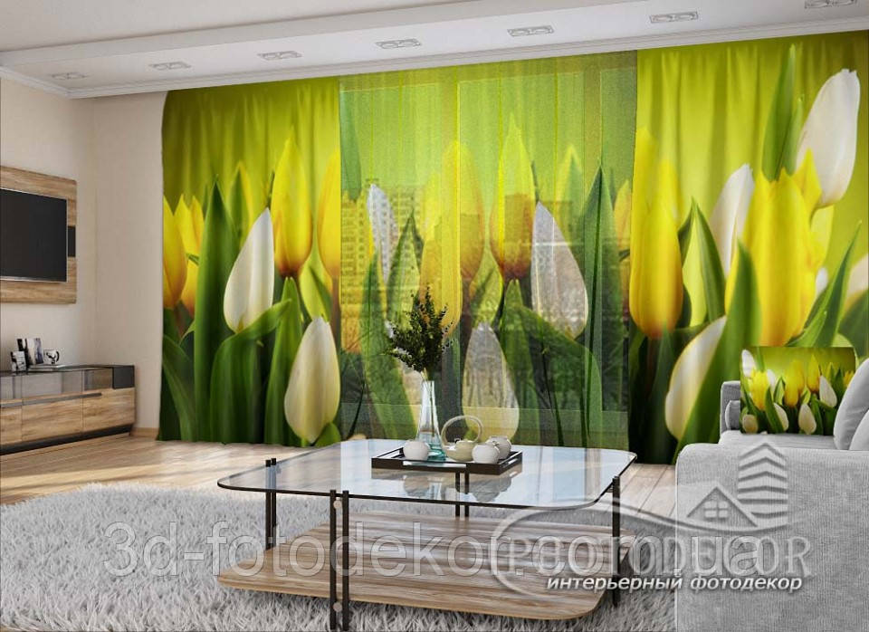 3D - Фото Штори і тюль "Жовті та білі тюльпани" - будь-який розмір. Читаємо опис!