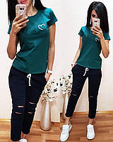 Спортивный костюм женский "Сердечко": футболка и штаны с разрезами размеры от 42 до 48. Зеленая футболка.
