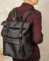 Стильний чоловічий чорний рюкзак роллтоп з екошкіри повсякденний, рол