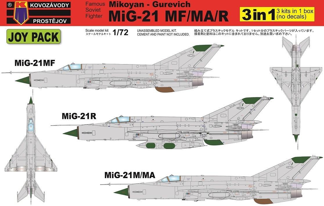 Пластикові моделі 1/72 Kovozavody Prostejov 0105 Mikoyan - Gurevich Mig-21MF/MA/R 3 in 1 JOY PACK, фото 1