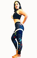 Спортивні легінси лосини жіночі для фітнесу чорні з малюнком і написом Bona Fide, розмір M - L.