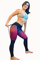 Спортивные леггинсы лосины женские для фитнеса розовые с черным с рисунком 3D и подтяжками , размер L.