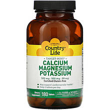 Кальцій, магній і калій Country Life "Calcium Magnesium Potassium" 500 мг: 500 мг: 99 мг (180 таблеток)