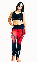 Спортивні легінси лосини жіночі для фітнесу червоні з чорним з 3D малюнком, розмір L - XL.