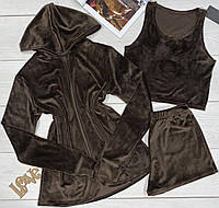 Комплект для дома шоколадного цвета плюшевая женская накидка+топ+шорты.