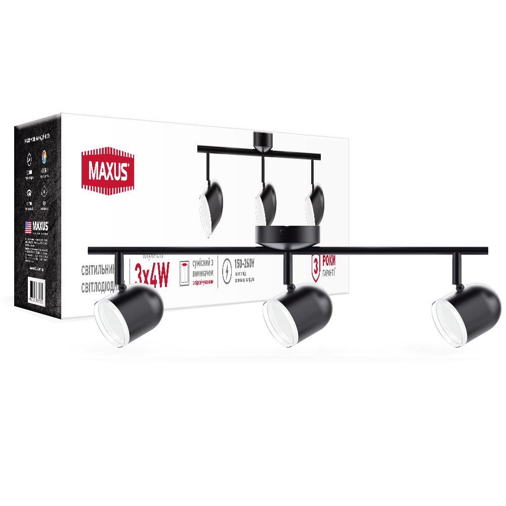 Спотовий світильник MAXUS MSL-01C 3x4W 4100K чорний, фото 1