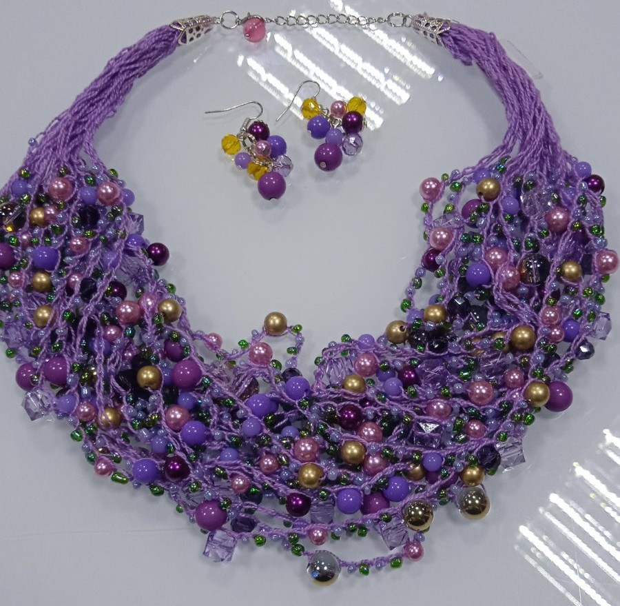 Фіолетовий комплект прикрас сережки та намиста ручної роботи "Purple Sunset"