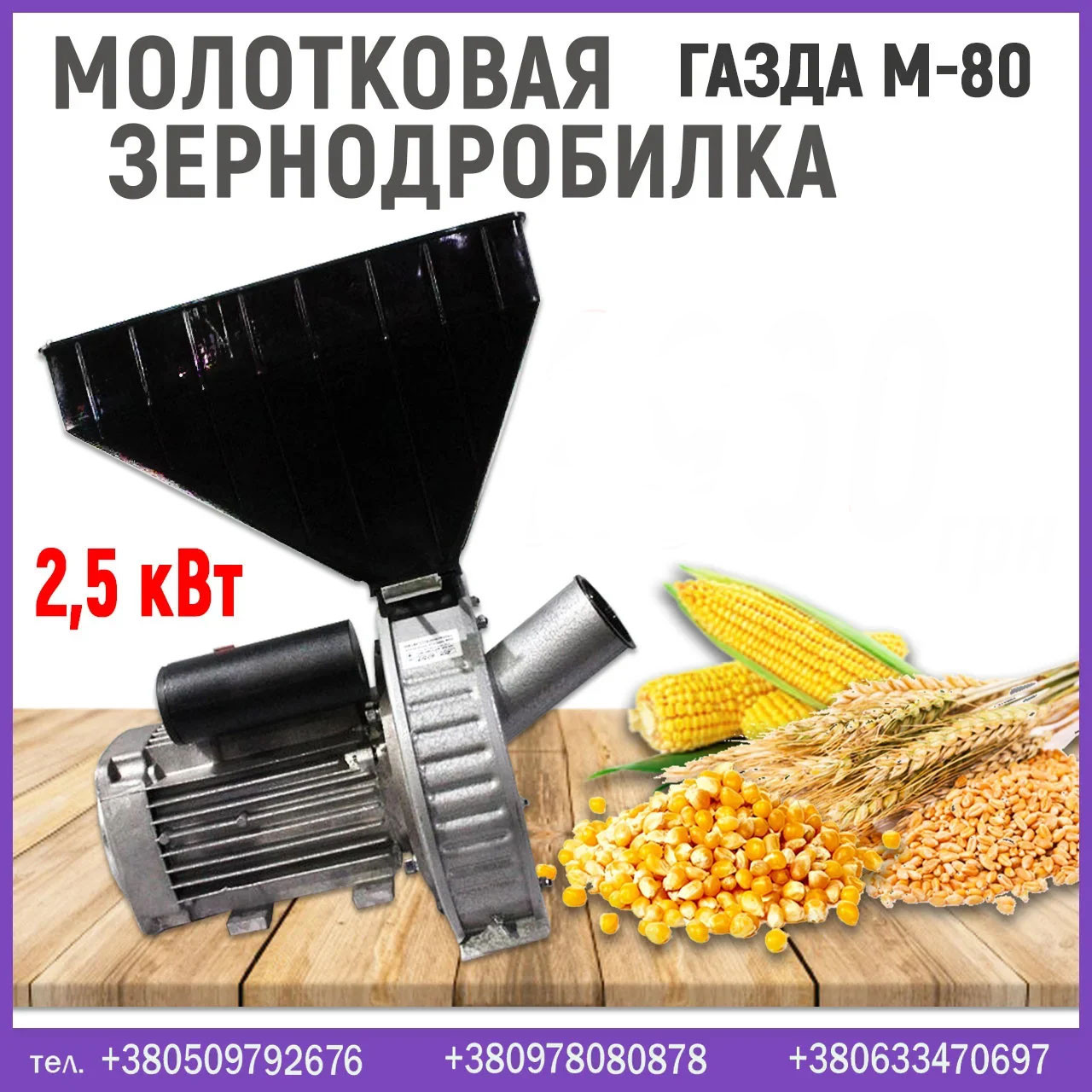 Бытовая молотковая зернодробилка и измельчитель початков кукурузы Газда М-80 (2,5 кВт) - фото 2 - id-p1125895661