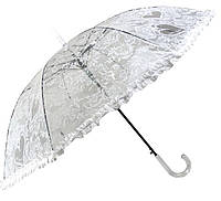 Ажурный зонт трость прозрачный модный женский полуавтоматичный зонт белый с рюшами антиветер