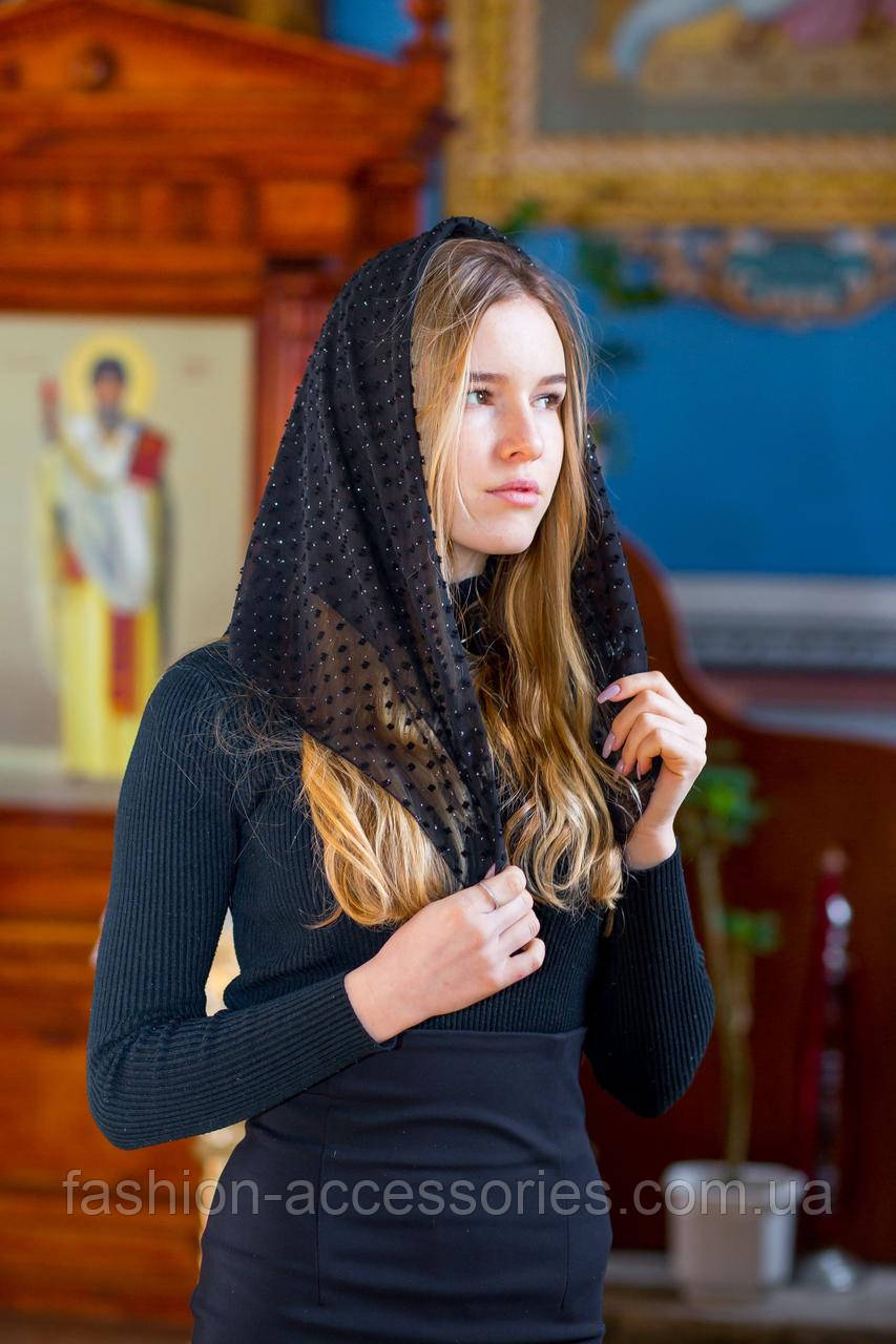 Чорний жіночий шифоновий хустку на голову однотонний ритуальний легкий в цятку Bead, фото 1