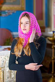 Церковний жіночий хустку на голову красивий газовий у білий горошок рожевого кольору