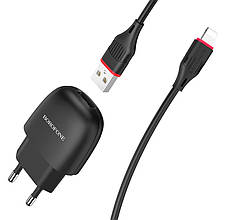 Зарядний пристрій (зарядка) для телефону Borofone BA49A + кабель USB - Lightning Чорний, фото 5
