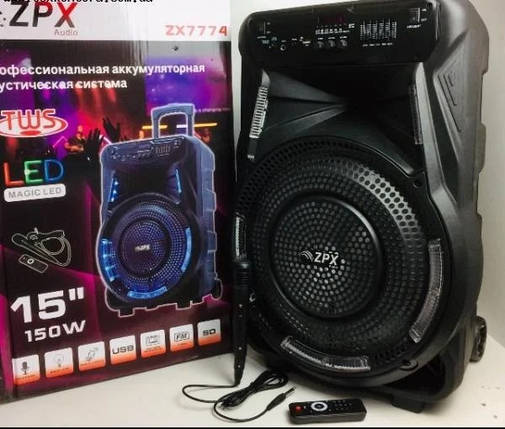 Колонка на акумуляторі з мікрофоном ZPX ZX-7774 потужність 150 W USB Bluetooth FM 15", фото 3