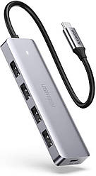 USB-хаб Ugreen USB Type-C to USB 3.0 hub тонкий портативний 4-портовий концентратор 15СМ Black (CM219)