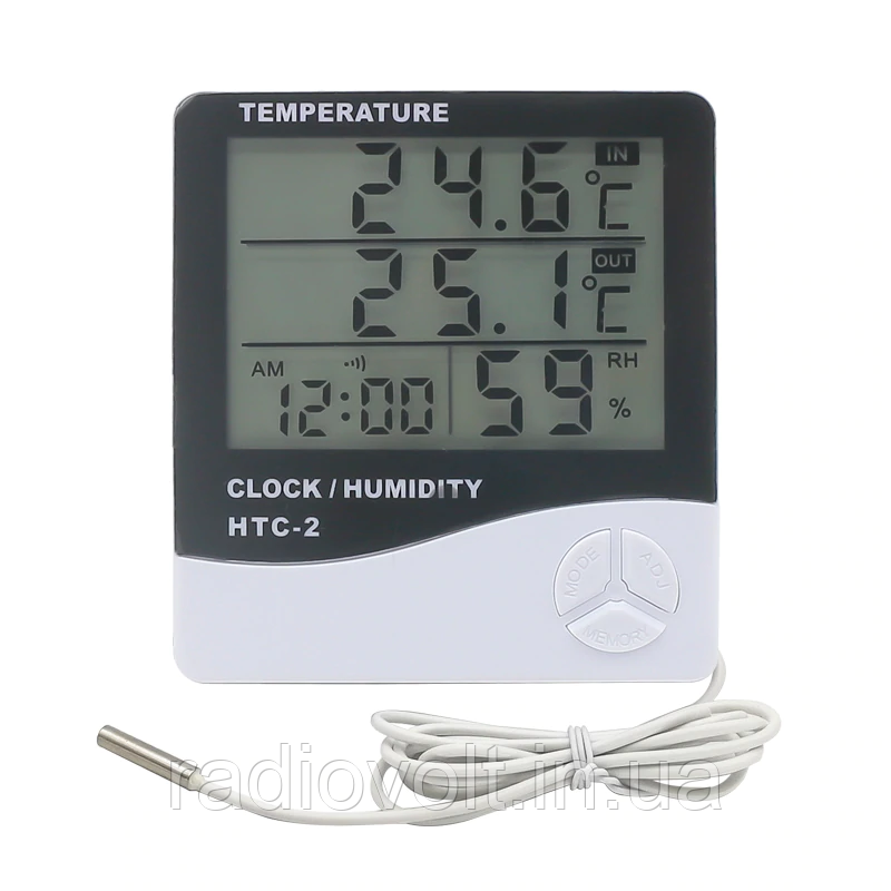 Цифровий термометр-гігрометр HTC-2, з годинником, будильником і виносним датчиком, фото 1