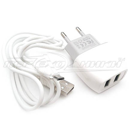 Мережевий зарядний пристрій USB 5 V, 2.4 A (2 USB) + кабель USB to micro USB, 1 м, фото 2