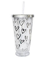 Тамблер-стакан YES с подсветкой "Hearts", 490мл, фольга , с трубочкой