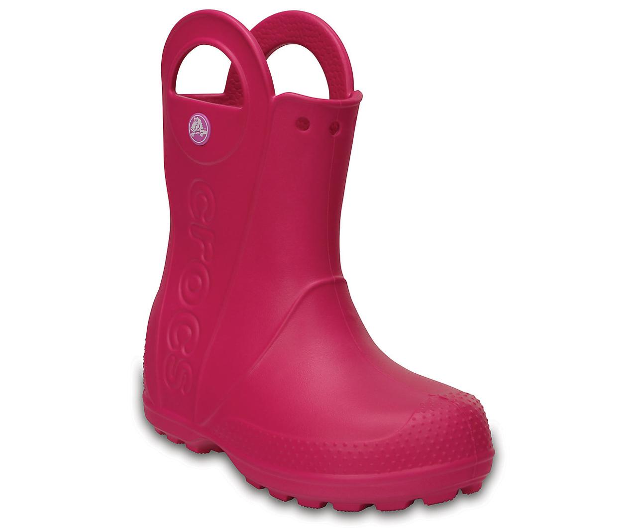 Чоботи гумові для дівчинки дощовики Крокси з ручками / Crocs Kids Handle It Rain Boot (12803), Яскраво-рожеві