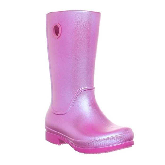 Сапоги резиновые для девочки Кроксы перламутровые / Crocs Girls Wellie Rain Boot (12902-67L), Розовые 27