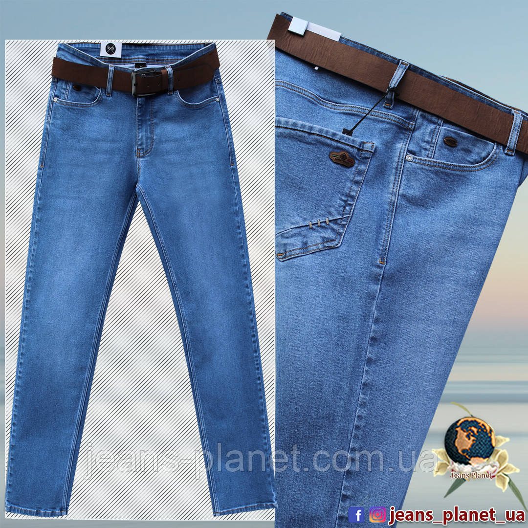 Фірмовані чоловічі класичні джинси HSD блакитного кольору з ременем, фото 1