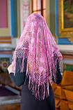 Церковний ажурний хустку жіночий на голову для походу в храм "Незабудка" рожевого кольору, фото 4