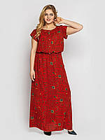 Красивое красное платье в пол из ткани штапель в принт, большие размеры от 52 до 58