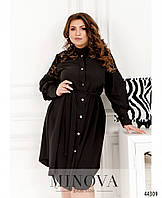 Стильное платье-рубашка чёрного цвета с гипюром на рукавах и спинке, большой размер от 50 до 60