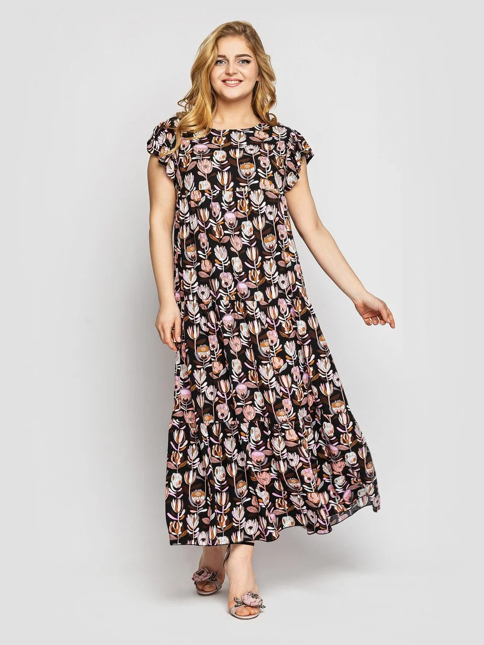 Вільне довге плаття сарафан з штапелю в квітковий принт, великі розміри від 52 до 58